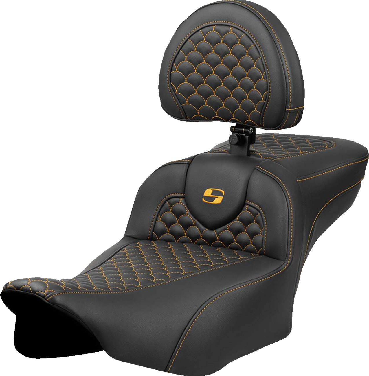 Saddlemen Roadsofa™ Extended Reach Seat - Dragon Scale Stitch - Gold Stitch - w/ Backrest - FLTR/FLHX '23-'24 Harley Davidson