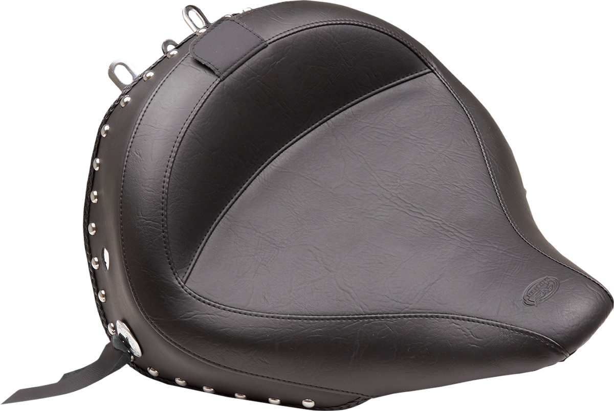 Mustang Wide Solo Seat - With Backrest - Black - Studded W/Concho 2005-2017 Harley Davidson FLSTN Softail Deluxe / 2005-2006 Harley Davidson FLSTNI Softail Deluxe