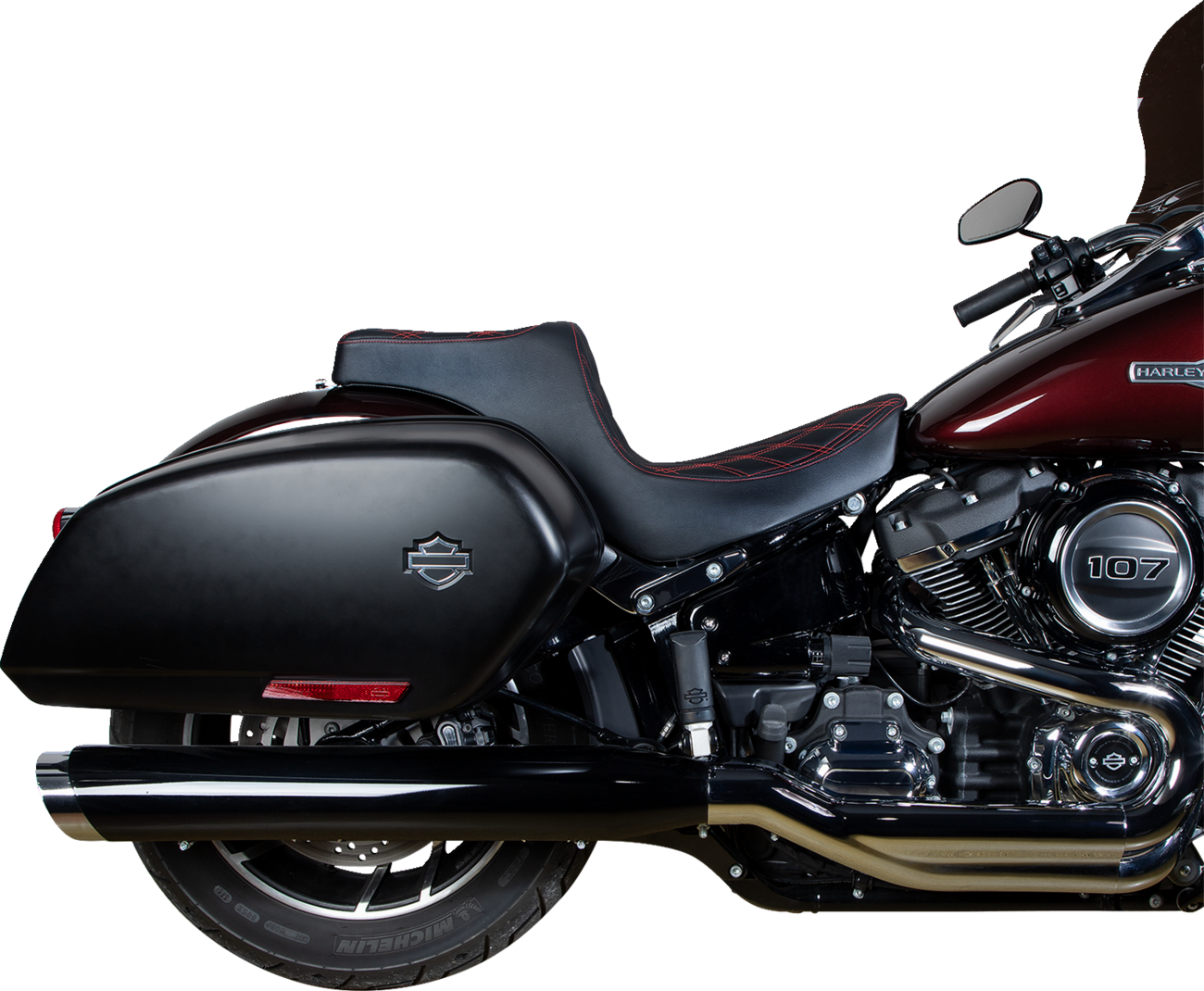 Drag specialties seats Predator III 2-Up Seat - Double Diamond - Black w/ Red Stitching - FL/FX '18-'24 Harley Davidson