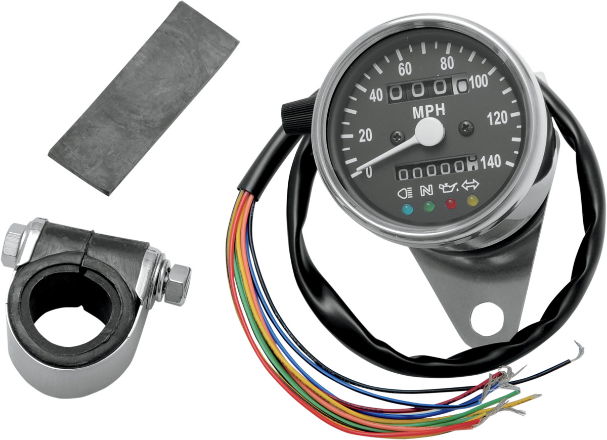 Drag specialties MPH Mini Mechanical Speedometer with LED Indicators - Black Face - 2:1 Ratio - 2.4"