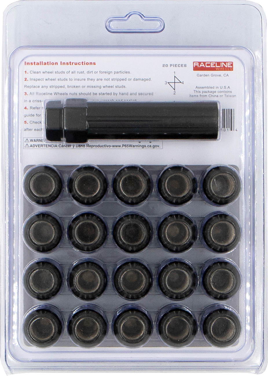 Raceline wheels Lug Nuts - Spline Socket - 12 mm x 1.25" - with Spline Key - Black - 20 Pack