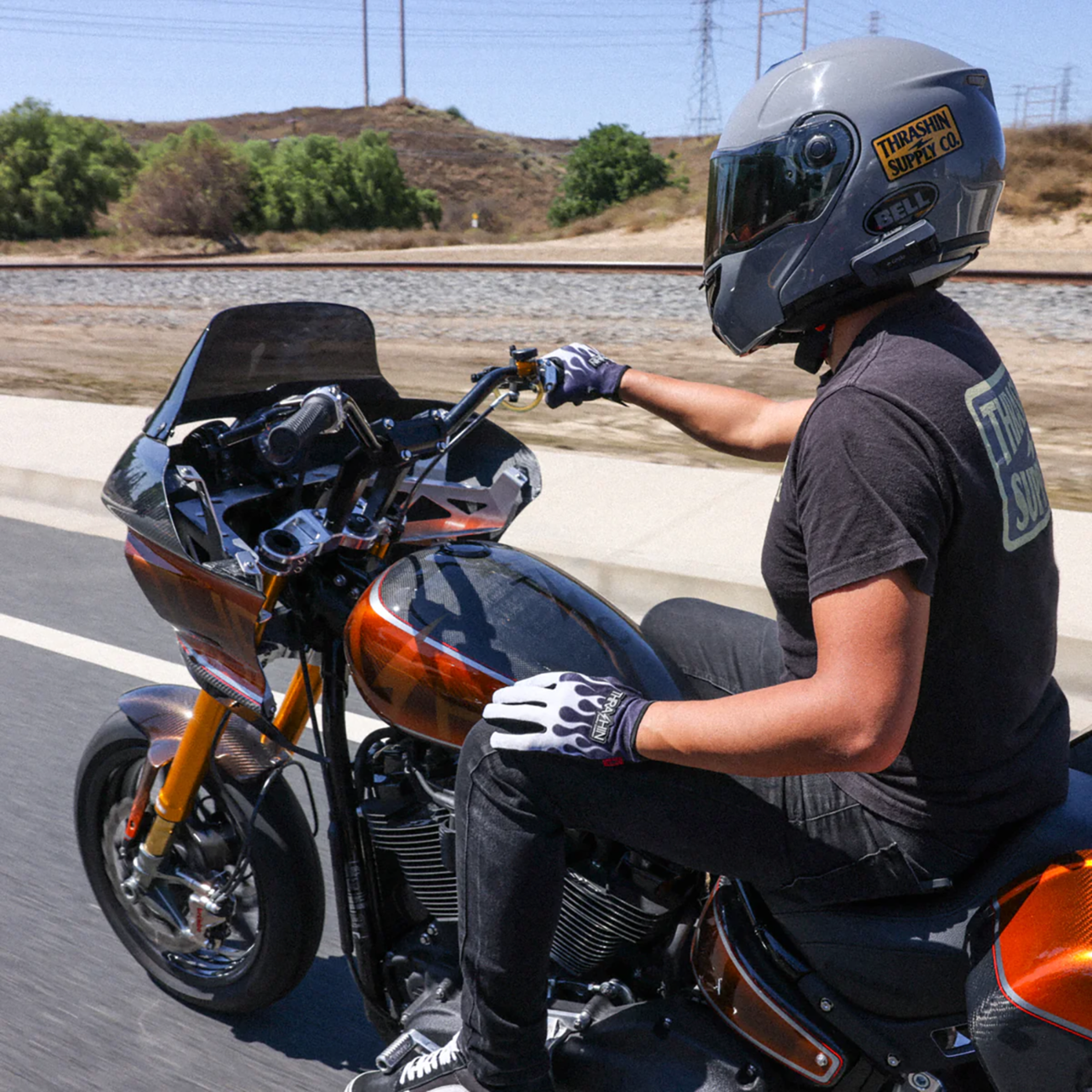 Thrashin Supply Co Stealth Leather Palm Flame Gloves