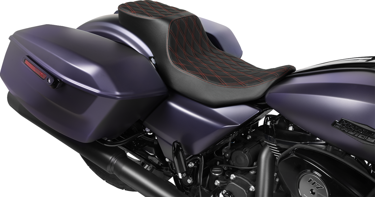 Drag specialties seats Performance Predator 2-Up Seat - Extended Reach - Vinyl - Red Double Diamond Stitch Harley Davidson