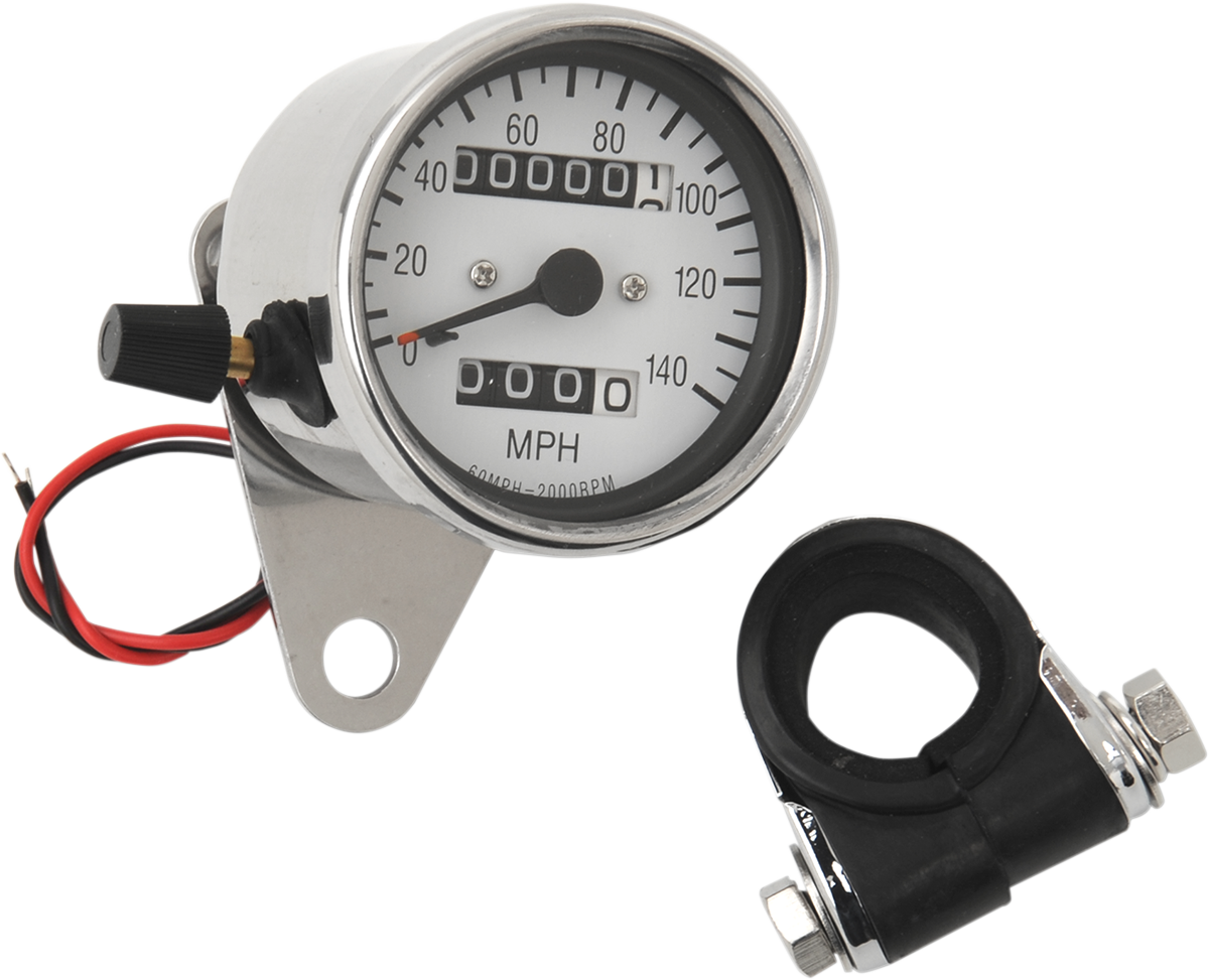 Drag specialties 2.4" MPH Mini LED Mechanical Speedometer/Indicators/Trip - Chrome Housing - White Face - 2:1 Harley Davidson