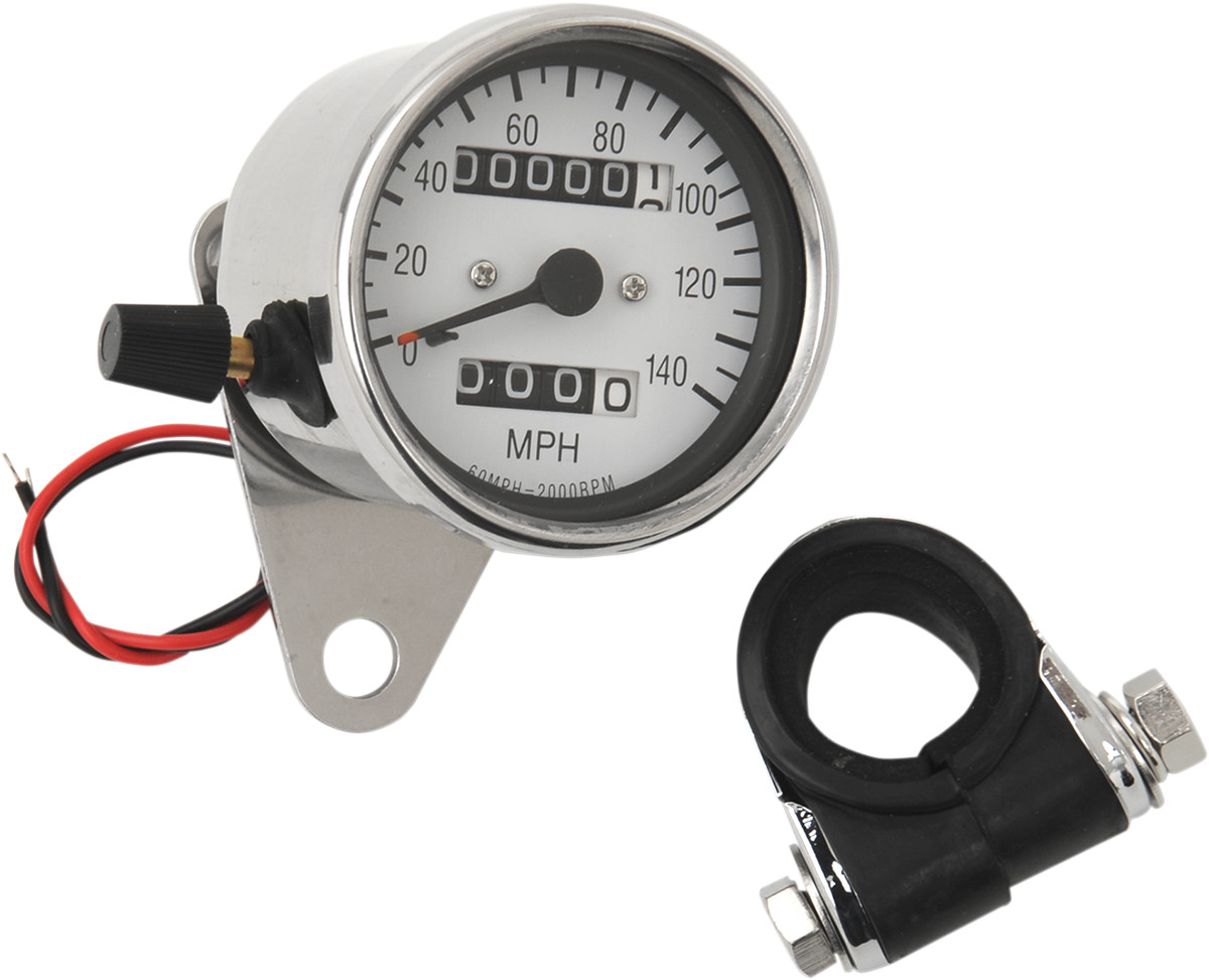Drag specialties 2.4" MPH Mini LED Mechanical Speedometer/Indicators/Trip - Chrome Housing - White Face - 2:1 Harley Davidson