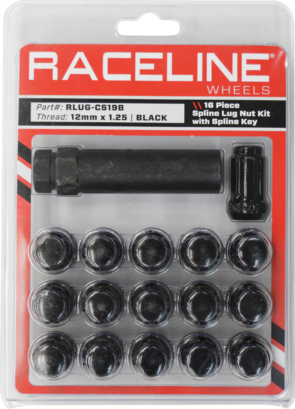 Raceline wheels Lug Nuts - Spline Socket - 12 mm x 1.25" - with Spline Key - Black - 16 Pack