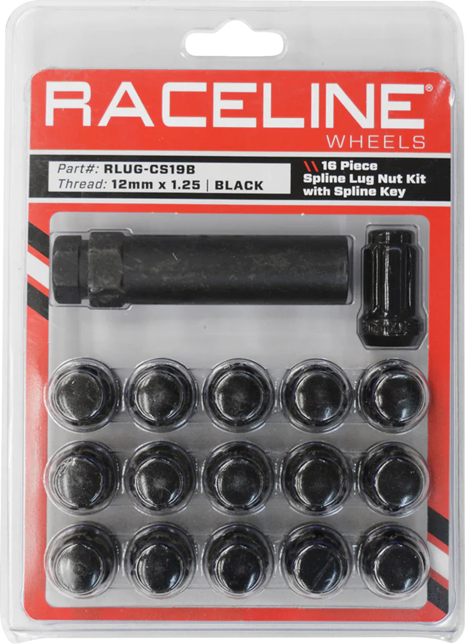 Raceline wheels Lug Nuts - Spline Socket - 12 mm x 1.25" - with Spline Key - Black - 16 Pack