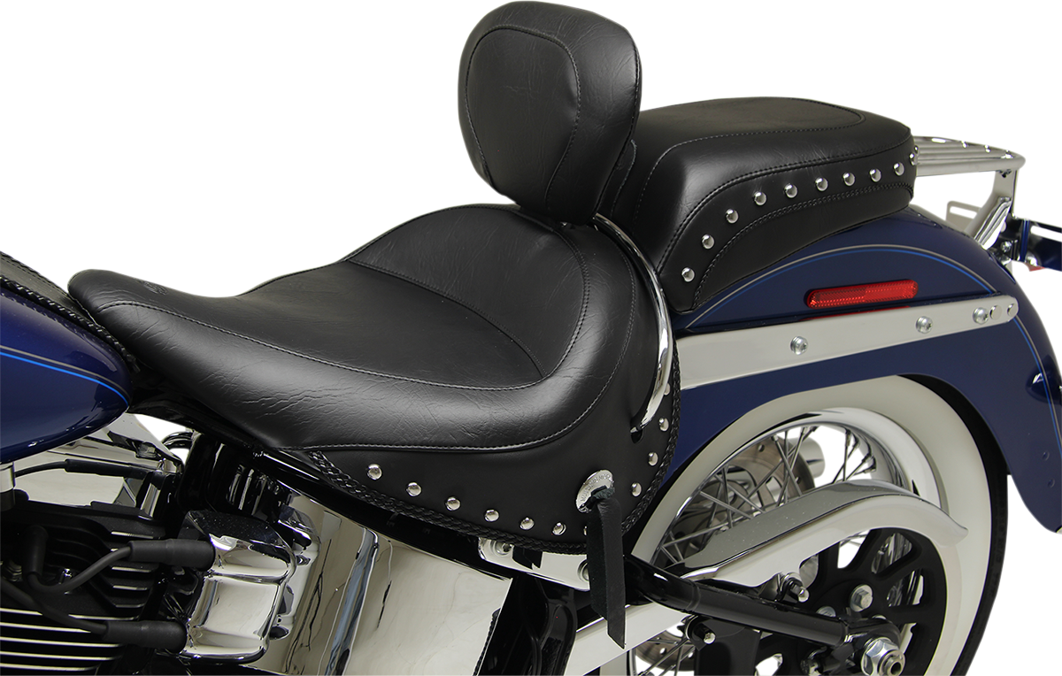 Mustang Wide Solo Seat - With Backrest - Black - Studded W/Concho 2005-2017 Harley Davidson FLSTN Softail Deluxe / 2005-2006 Harley Davidson FLSTNI Softail Deluxe