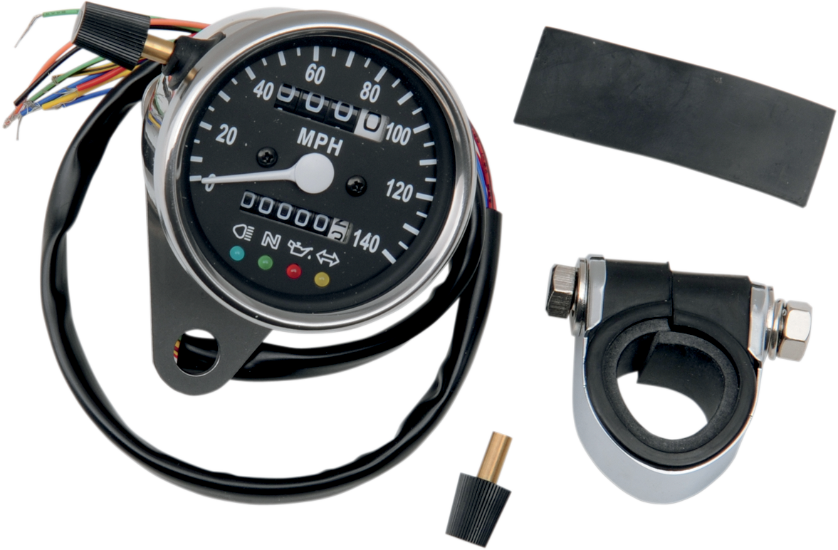 Drag specialties MPH Mini Mechanical Speedometer with LED Indicators - Black Face - 2240:60 Ratio - 2.4"