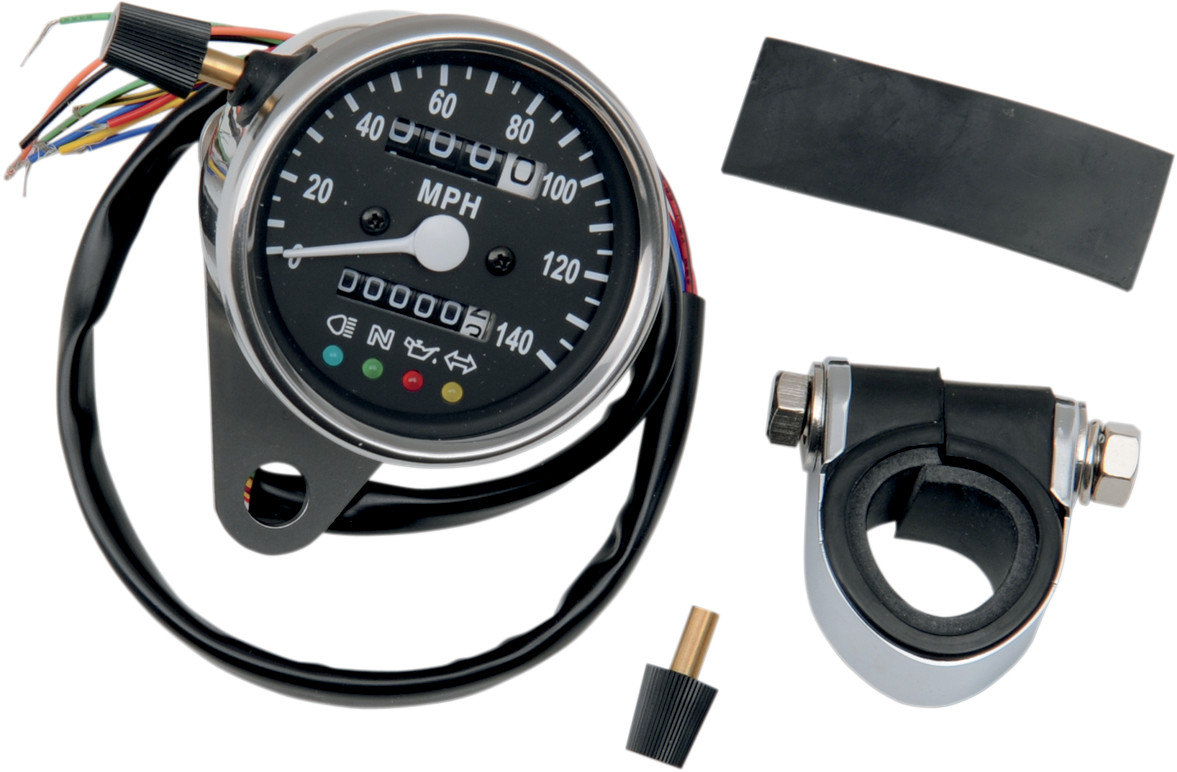 Drag specialties MPH Mini Mechanical Speedometer with LED Indicators - Black Face - 2240:60 Ratio - 2.4"