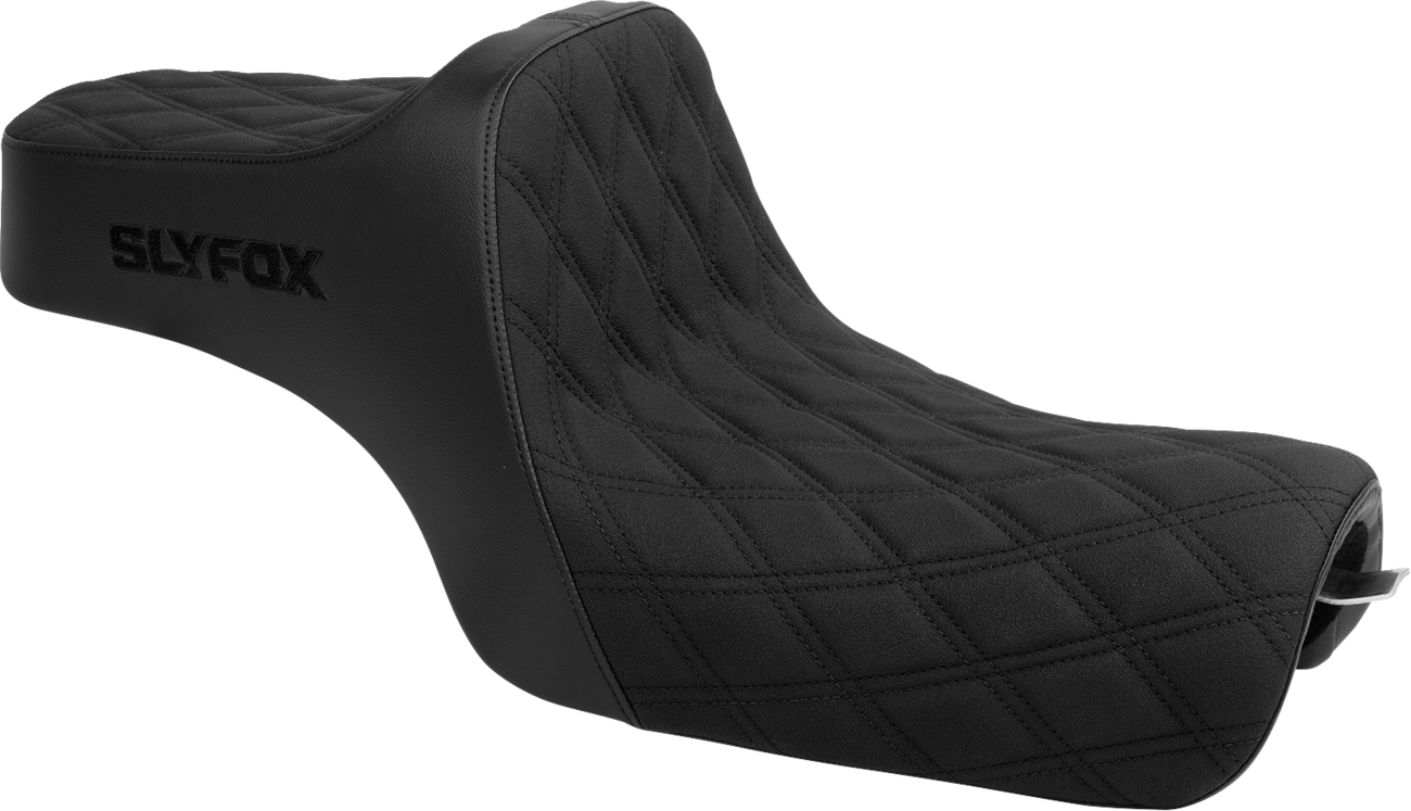 Slyfox High Noon Seat - Double Diamond - Black Logo - Black Stitch - XL '04-'22 Harley Davidson