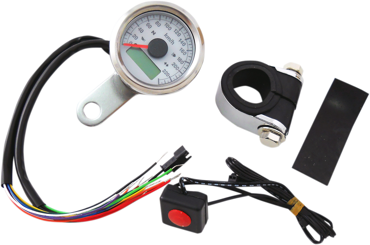 Drag specialties 1-7/8" Programmable Speedometer with Indicator Lights - Stainless Steel - 220 KPH LED White Face Harley Davidson