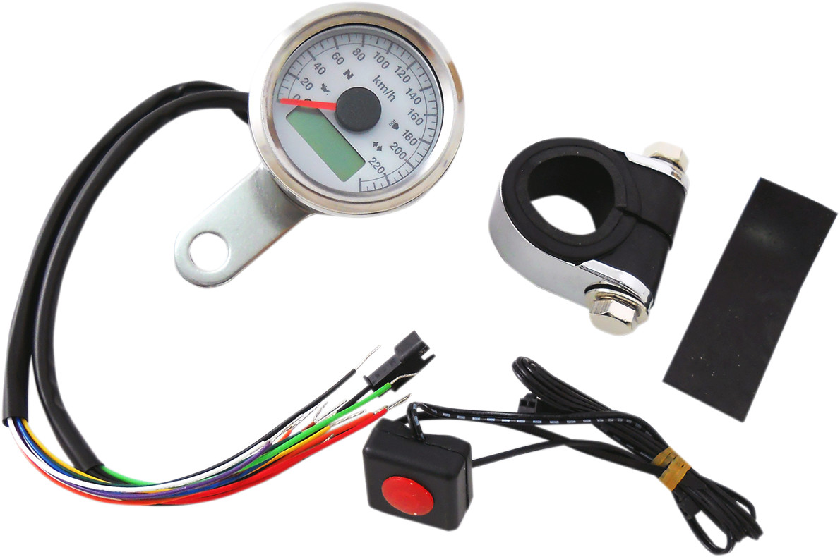 Drag specialties 1-7/8" Programmable Speedometer with Indicator Lights - Stainless Steel - 220 KPH LED White Face Harley Davidson