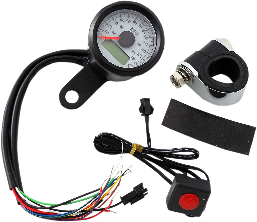 Drag specialties Programmable Speedometer with Indicator Lights - Gloss Black - 140 MPH LED White Face - 1-7/8" Harley Davidson