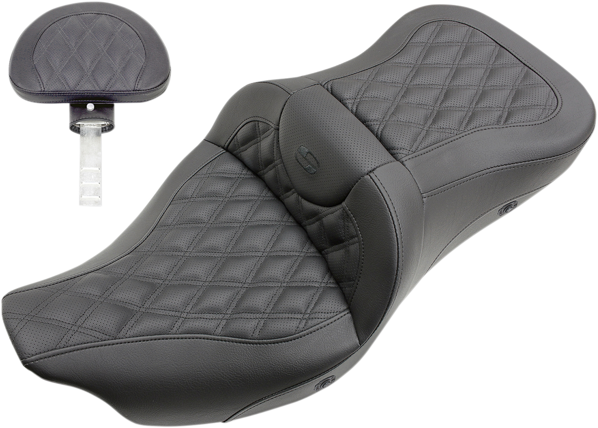 SADDLEMEN (808-07B-182BRHC) Heated Roadsofa(tm) Lattice Stitched Seat | Roadsofa(tm) Seat - with Backrest - Full Lattice Stitch - Heated - '08-'23 FLH/FLT