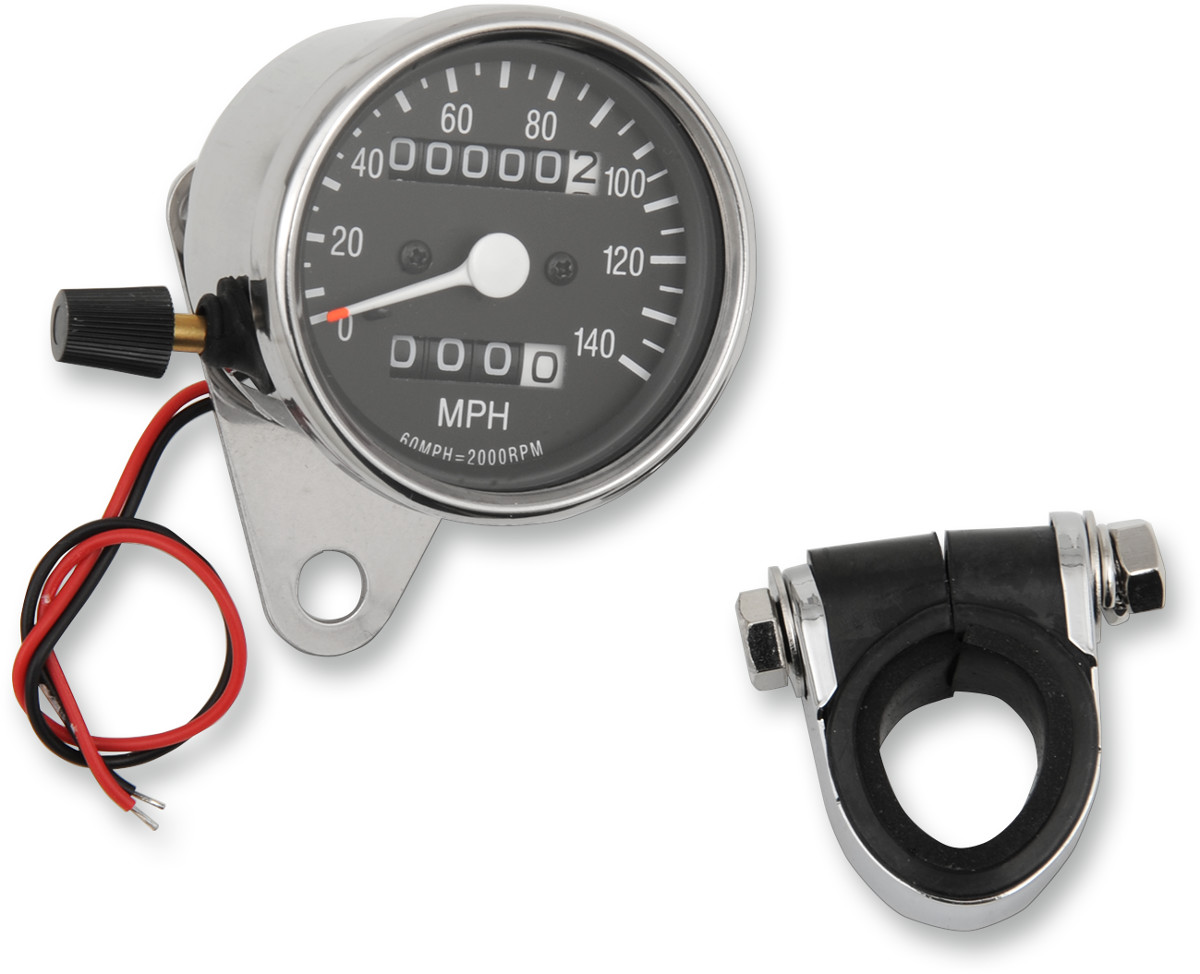 Drag specialties 2.4" MPH Mini LED Mechanical Speedometer/Indicators/Trip - Chrome Housing - Black Face - 2:1 Harley Davidson