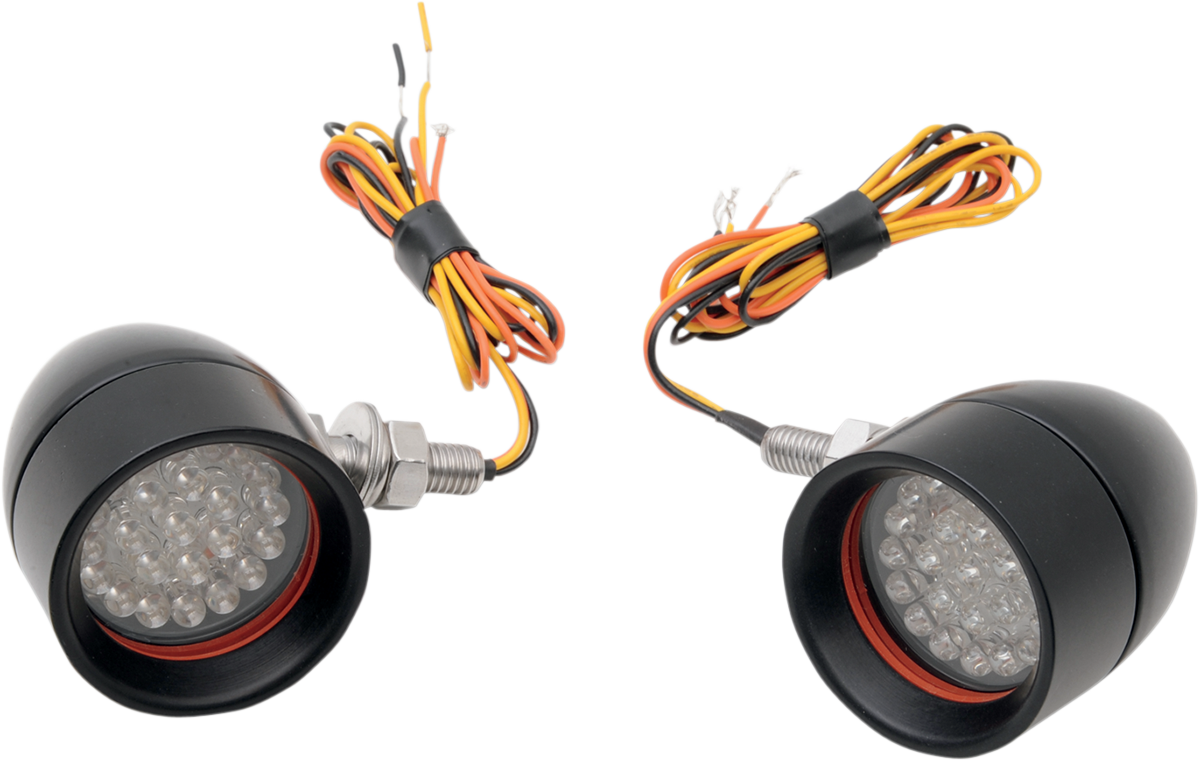 Pair Of Chrome Mini Bullet LED Turn Signal Lights - Amber Lens, High Quality Aluminum, For Motorcycles