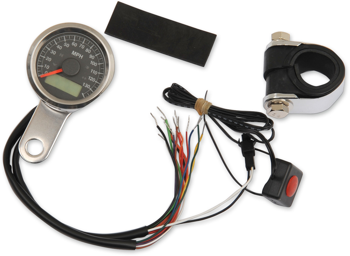 Drag specialties Programmable Speedometer with Indicator Lights - Stainless Steel - 140 MPH LED Black Face - 1-7/8" Harley Davidson