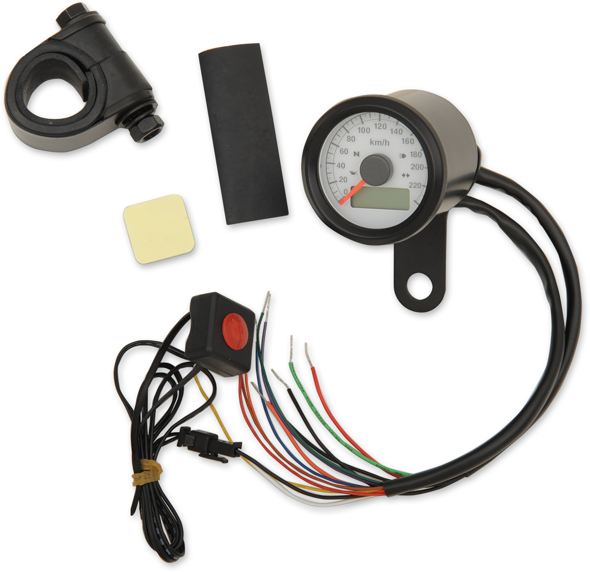Drag specialties 1-7/8" Programmable Speedometer with Indicator Lights - Gloss Black - 220 KPH LED White Face Harley Davidson