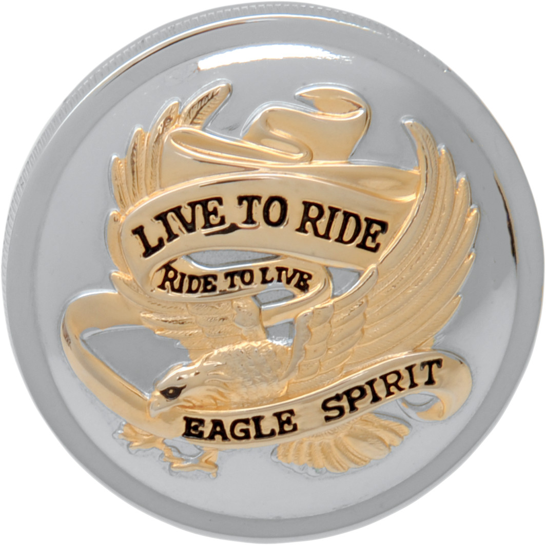 Drag specialties "Live to Ride" Gas Cap - Non-Vented - Chrome with Gold Harley Davidson