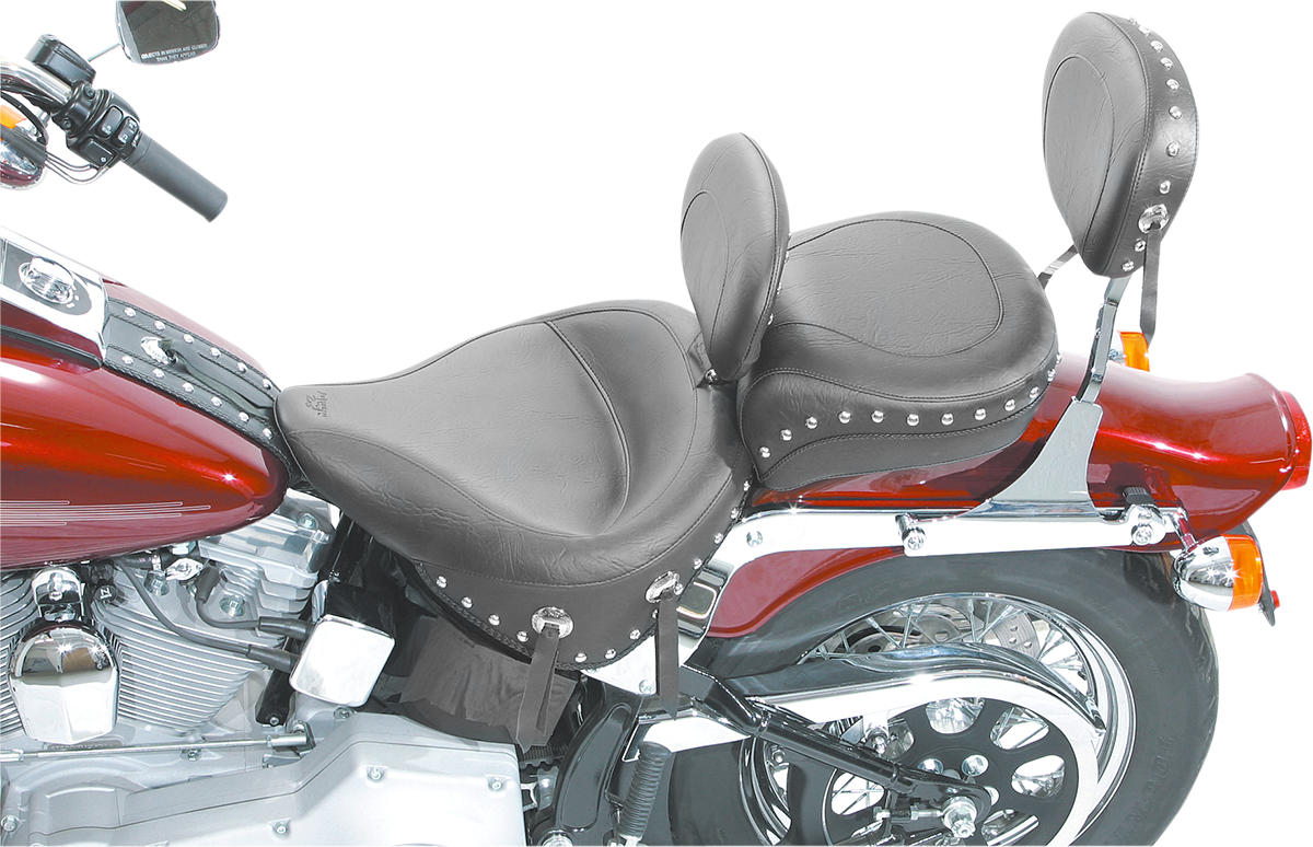 Mustang Wide Solo Seat - With Backrest - Black - Studded w /Concho - FLST/FXST '00-'06 Harley Davidson