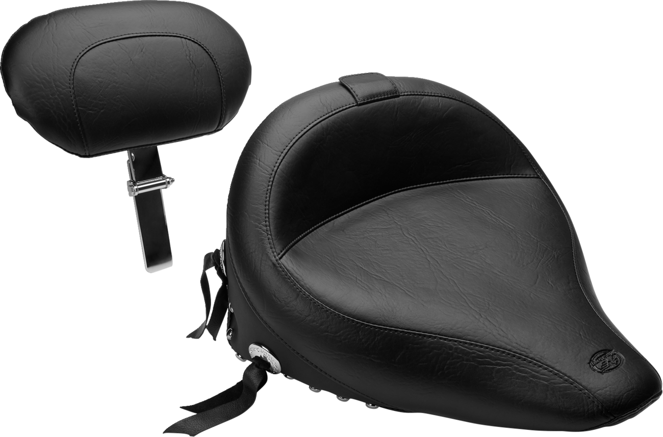 Mustang Wide Solo Seat - With Backrest - Black - Studded w /Concho - FLST/FXST '00-'06 Harley Davidson