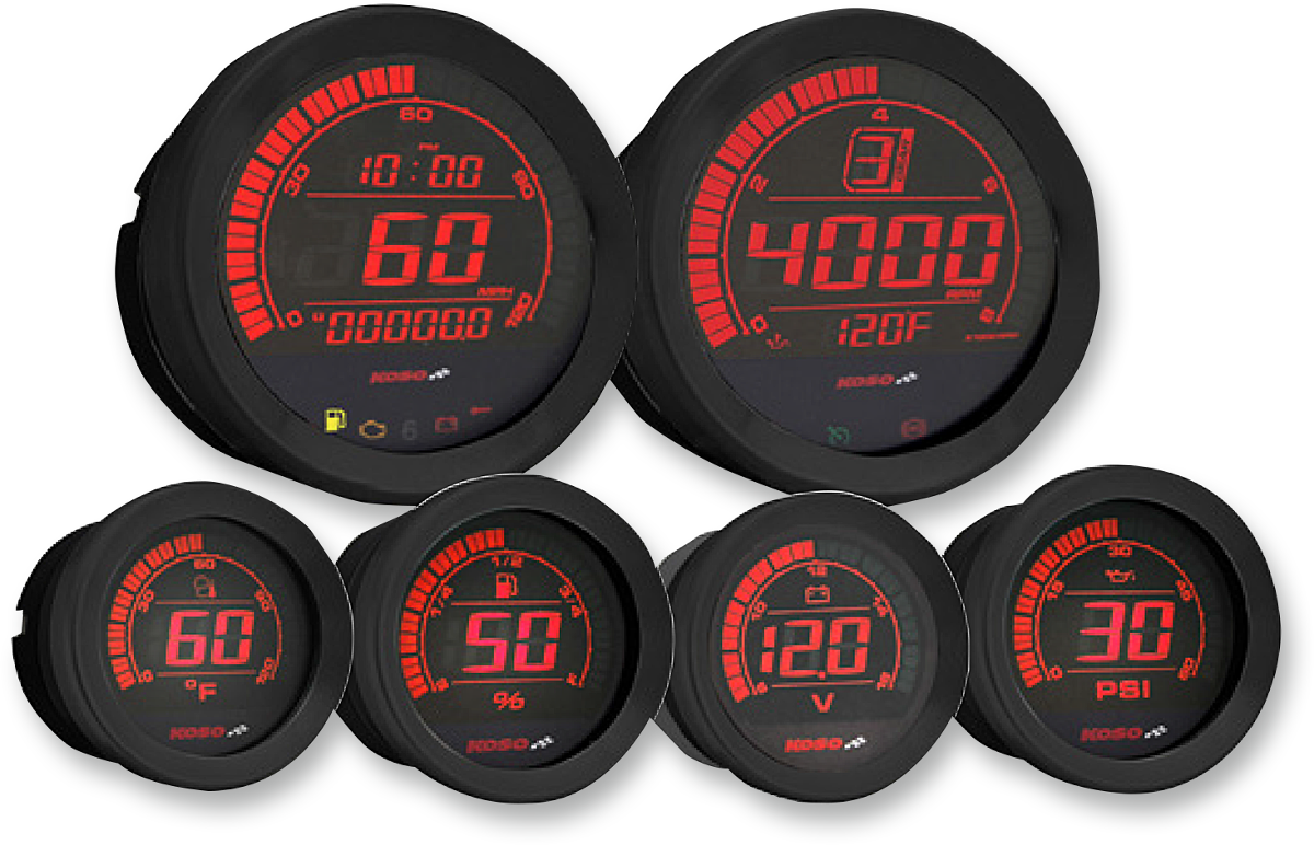 Koso Black Red 6 Piece Fairing Gauge Set 0413 Harley Touring FLHT FLHX