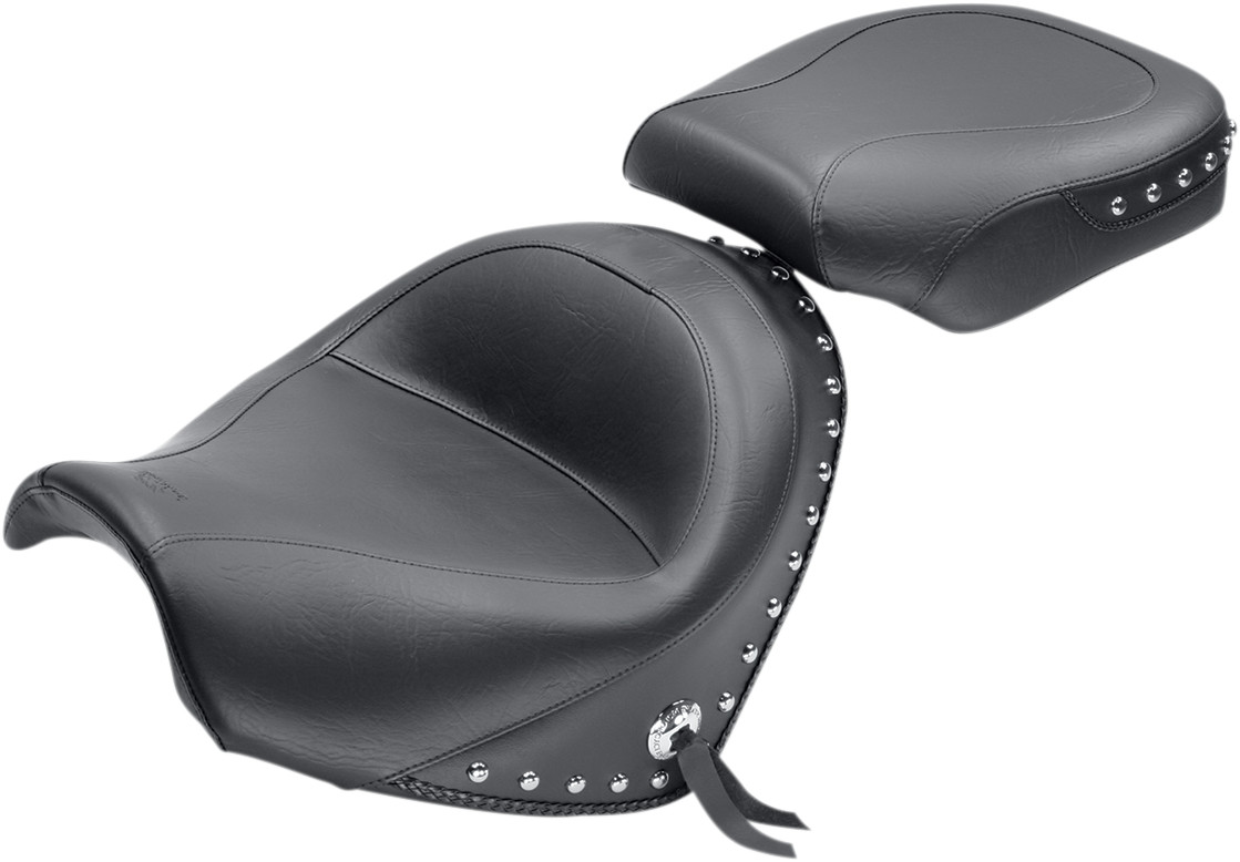 Mustang Seat - Wide - Touring - Without Backrest - Two-Piece - Chrome Studded - Black w/Conchos - Suzuki