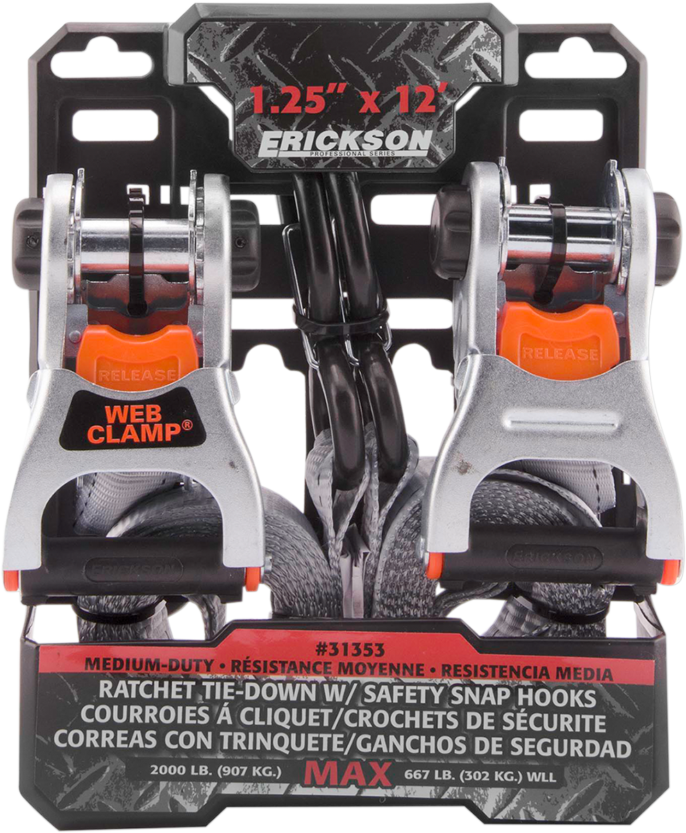 Ratchet Tie-downs with Web Clamps and Safety Hooks