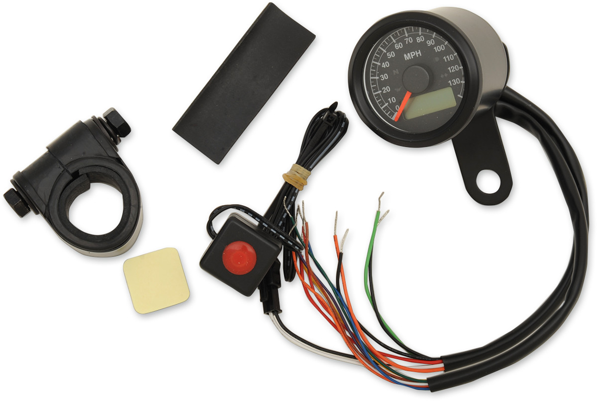Drag specialties Programmable Speedometer with Indicator Lights - Gloss Black - 140 MPH LED Black Face - 1-7/8" Harley Davidson