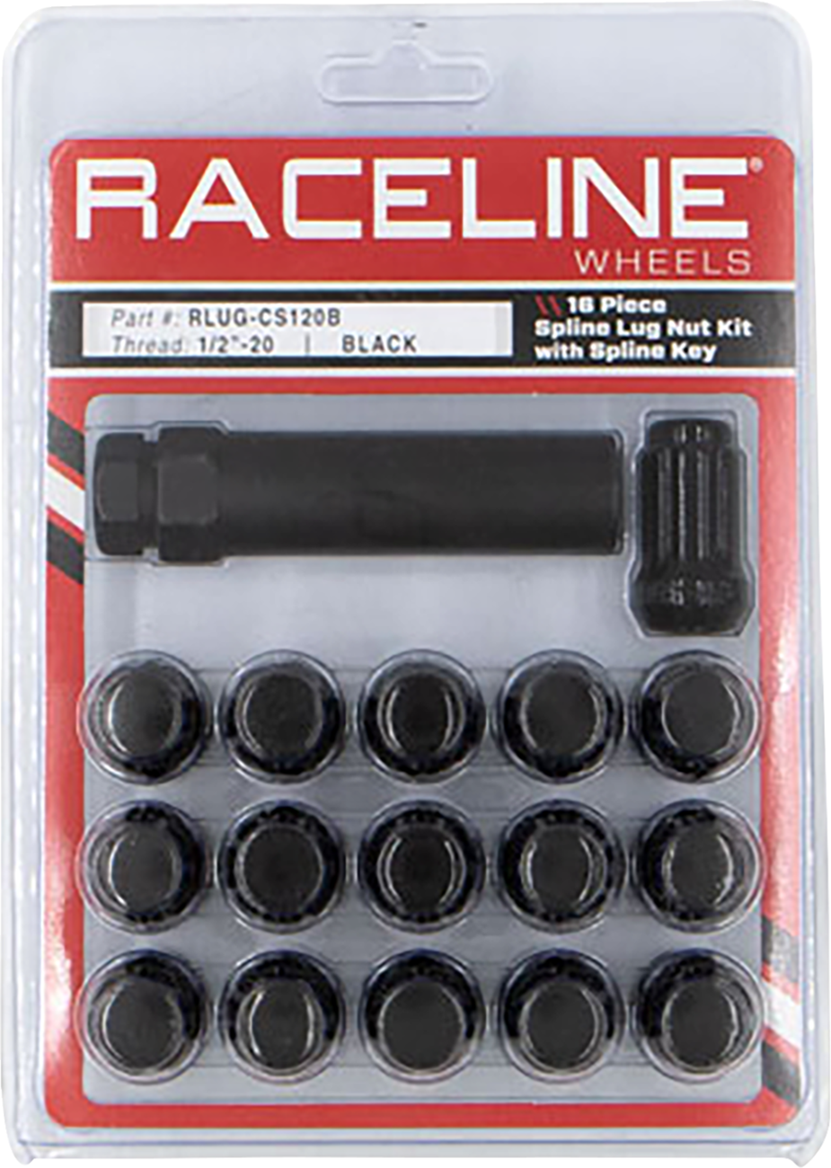 Raceline wheels Lug Nuts - Spline Socket - 1/2"-20 - with Spline Key - Black - 16 Pack