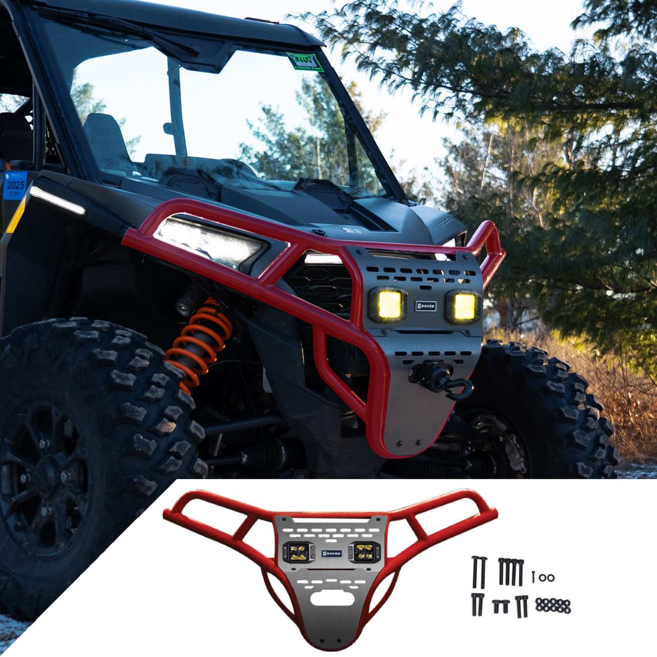 Ravek Front Bumper/Skid Plate with Amber Lights - Red - RZR XP 1000 2024-2025 Polaris RZR XP 1000 Premium / 2024-2025 Polaris RZR XP 1000 Sport / 2024-2025 Polaris RZR XP 1000 Ultimate