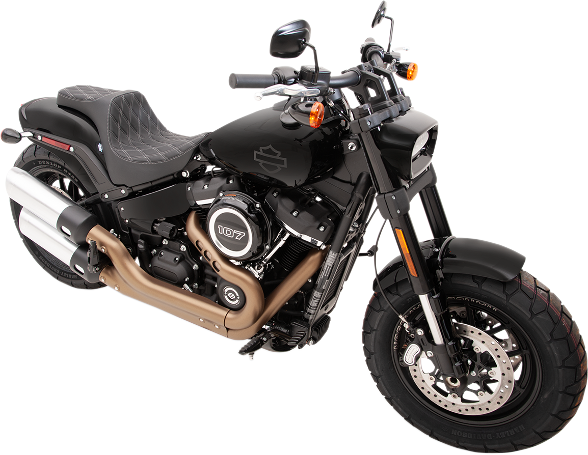 Drag specialties seats Predator III Seat - Double Diamond - Silver Stitched - FXFB/S '18-'23 2018-2023 Harley Davidson FXFBS Fat Bob 114 / 2022-2022 Harley Davidson FXBBS Street Bob 114 / 2018-2019 Harley Davidson FXFB Fat Bob 107