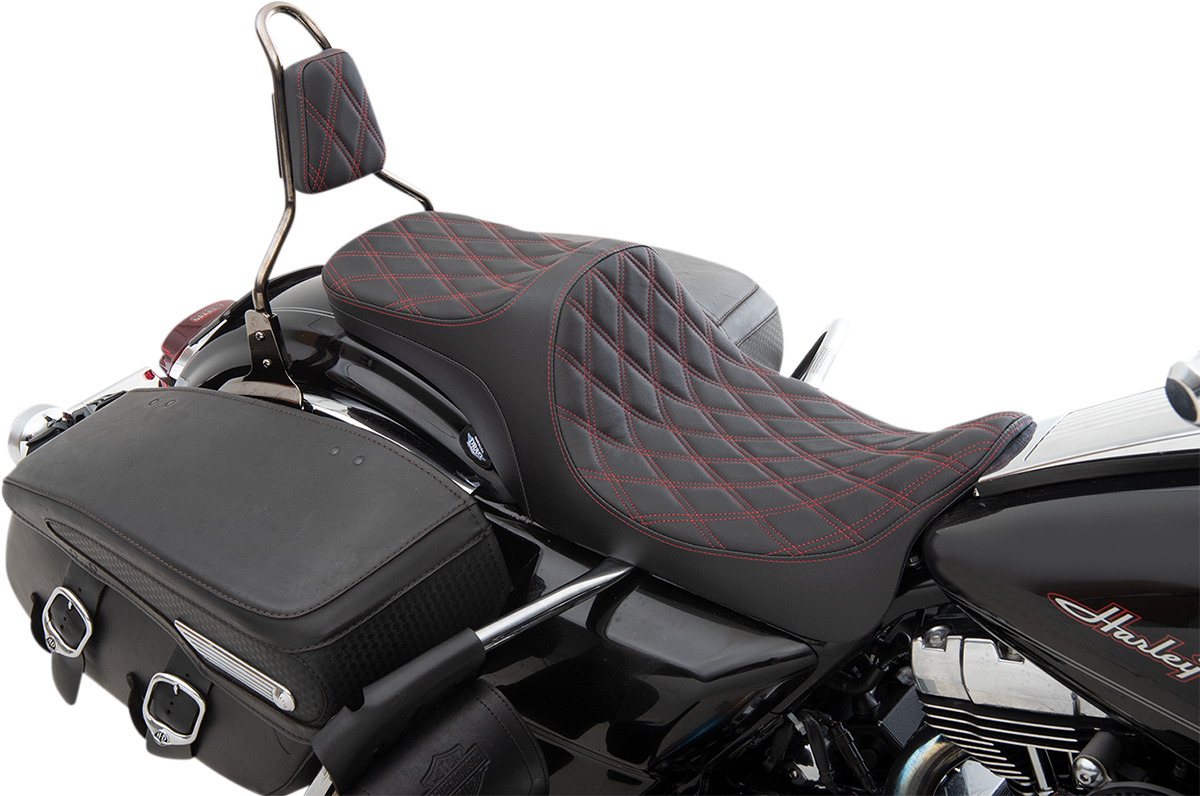 Drag specialties seats Predator III 2-Up Seat - Double Diamond - Red Thread - FL '08-'23 Harley Davidson