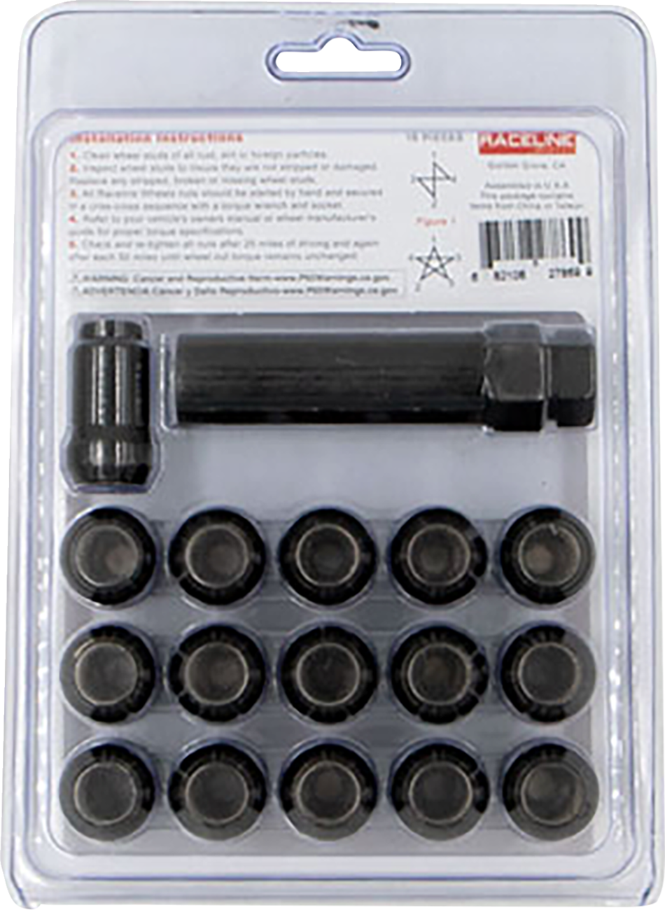 Raceline wheels Lug Nuts - Spline Socket - 1/2"-20 - with Spline Key - Black - 16 Pack