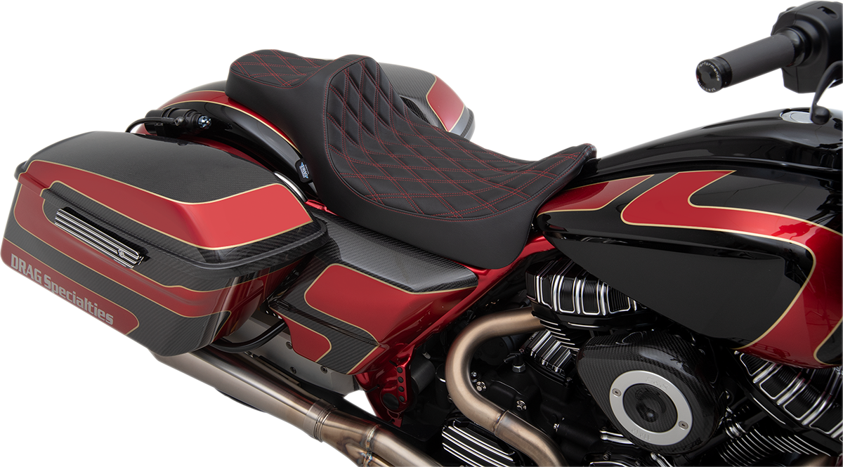 Drag specialties seats Predator III Seat - Extended Reach - Double Diamond - Red Stitched - FL '08-'23 Harley Davidson