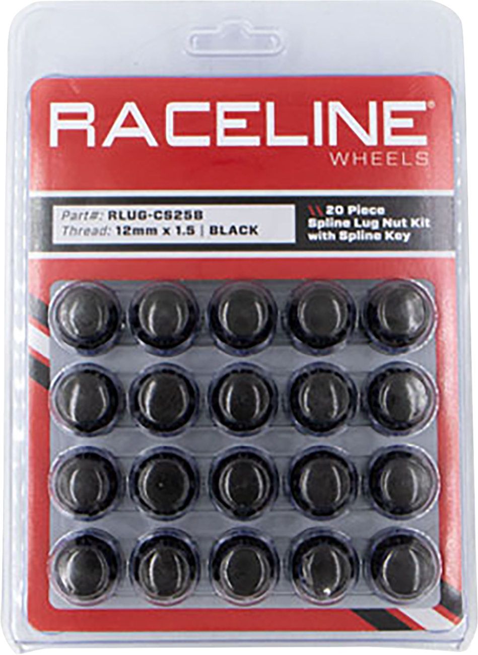 Raceline wheels Lug Nuts - Spline Socket - 12 mm x 1.25" - with Spline Key - Black - 20 Pack