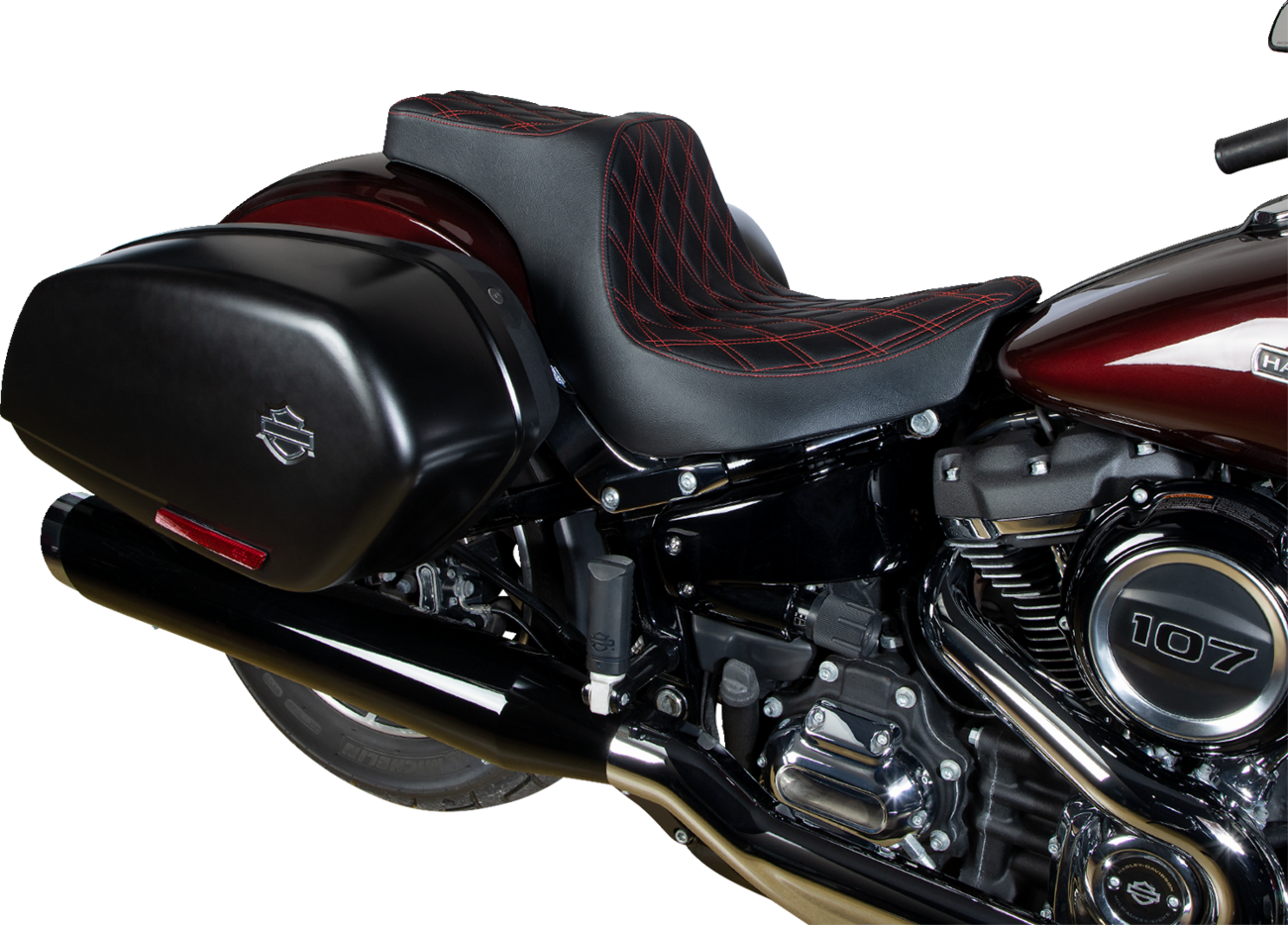 Drag specialties seats Predator III 2-Up Seat - Double Diamond - Black w/ Red Stitching - FL/FX '18-'24 Harley Davidson